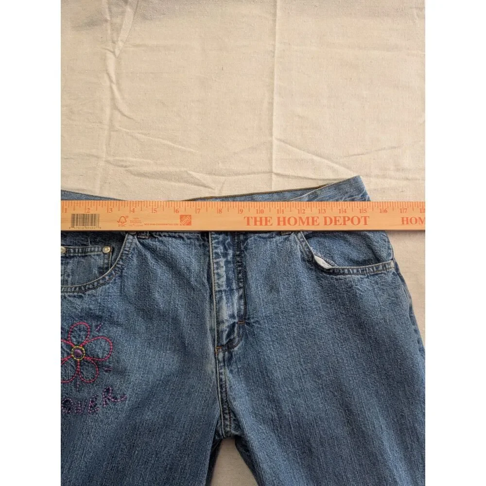 No Boundaries Juniors 11 Y2K Flower Power Embroidered Wide Leg Jeans 100% Cotton